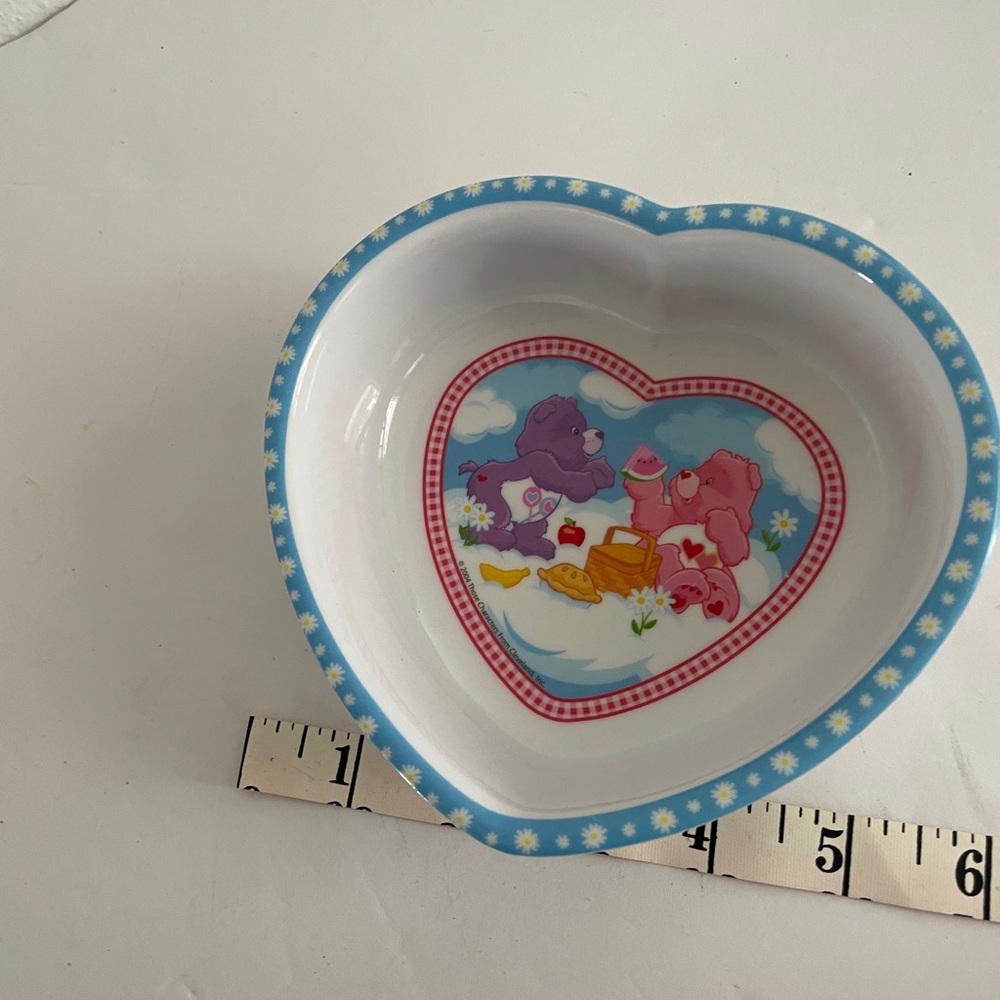VTG Heart-Shaped Bowl with Care Bear Design Blue Daisy trim. Retro Kids Dishware - Picture 6 of 6